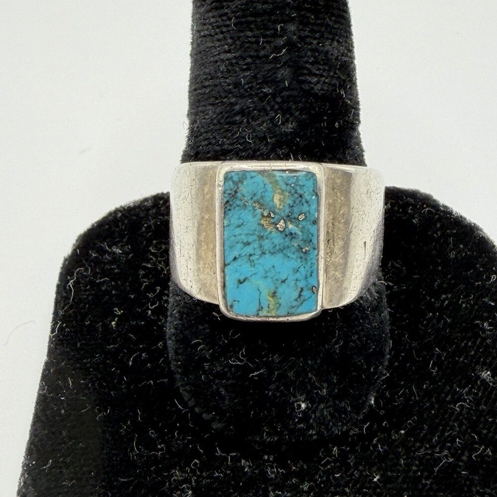 925 Sterling Silver Turquoise Signet Wide Band Ring Size 11 8.7g